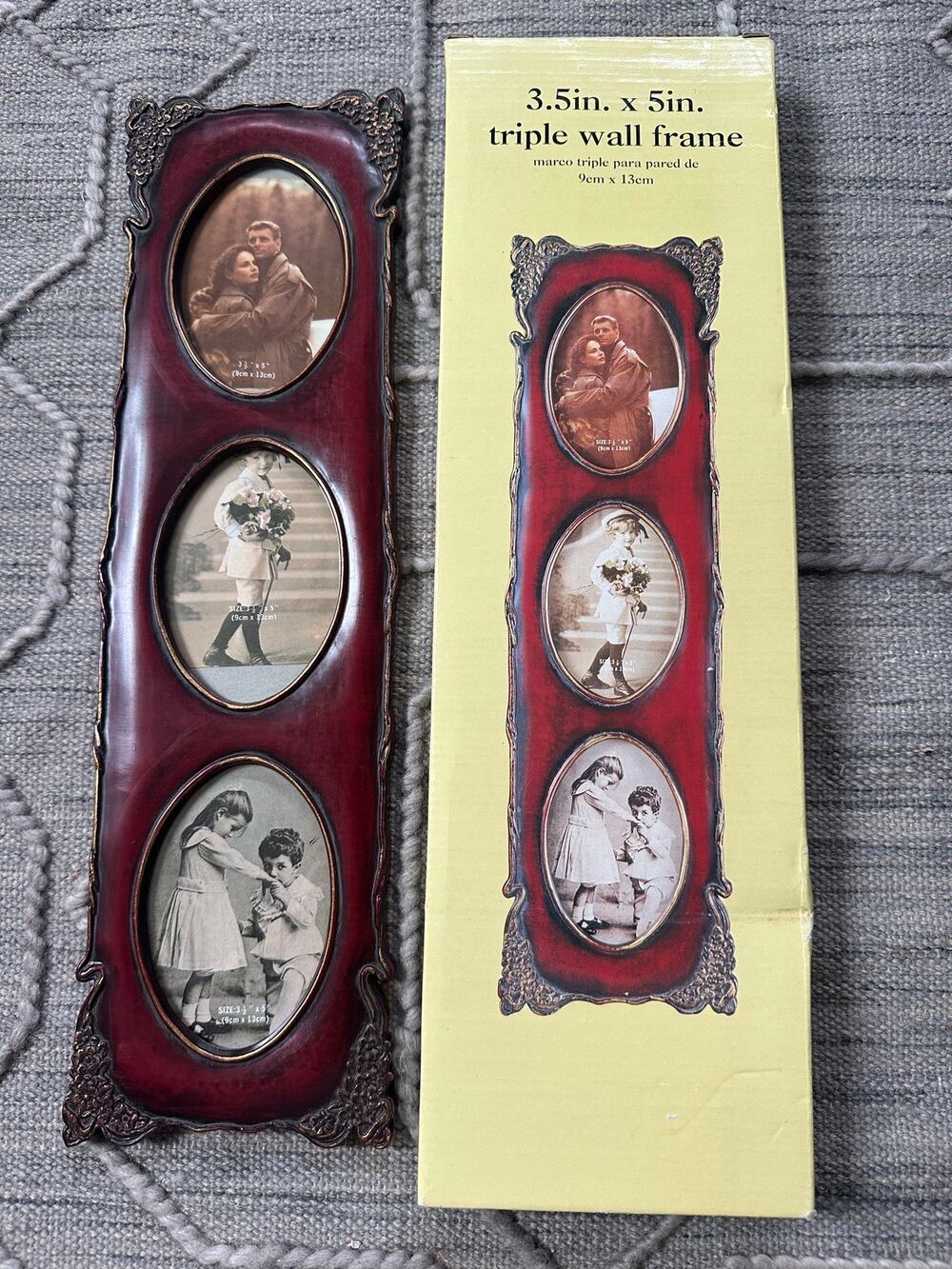 Vintage style triple oval picture frame elegant dark red ornate Victorian hang